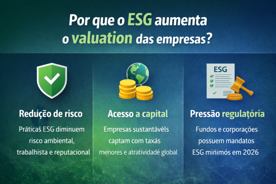 Infográfico explicando por que o ESG aumenta o valuation das empresas em fusões verdes no Brasil em 2026