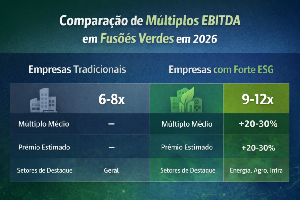 Comparação de múltiplos EBITDA entre empresas tradicionais e empresas com forte ESG em fusões verdes no Brasil em 2026