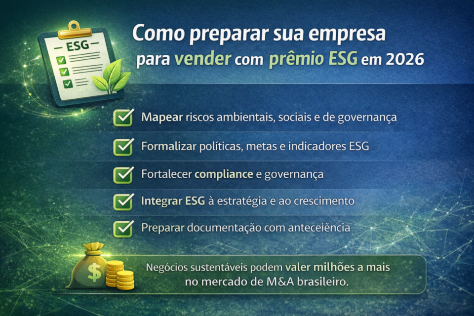 Checklist visual mostrando como preparar uma empresa para vender com prêmio ESG em 2026 no mercado brasileiro de M&A
