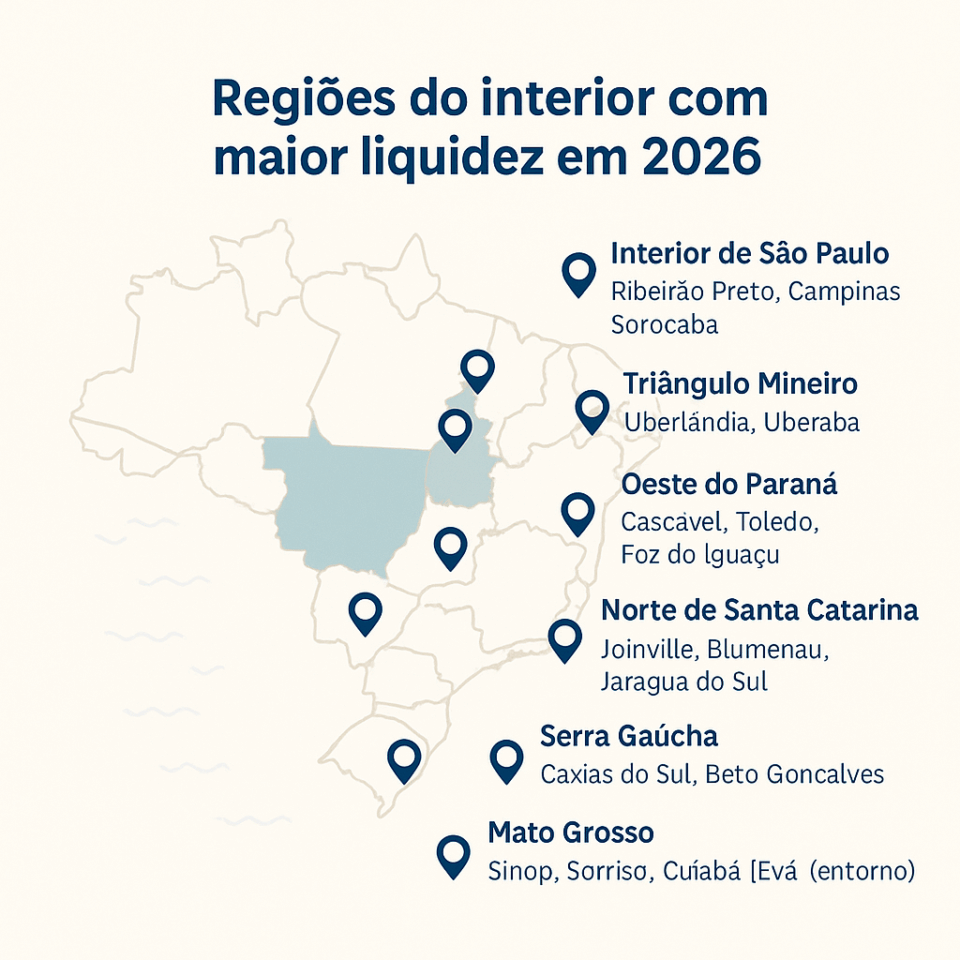 Mapa do Brasil destacando as regiões do interior com maior liquidez em 2026, incluindo Interior de São Paulo, Triângulo Mineiro, Oeste do Paraná, Norte de Santa Catarina, Serra Gaúcha e Mato Grosso.
mercado de compra e venda de empresas no interior