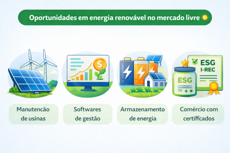 Infográfico mostrando oportunidades em energia renovável no mercado livre em 2026, incluindo manutenção de usinas, softwares de gestão, armazenamento de energia e comércio de certificados ESG