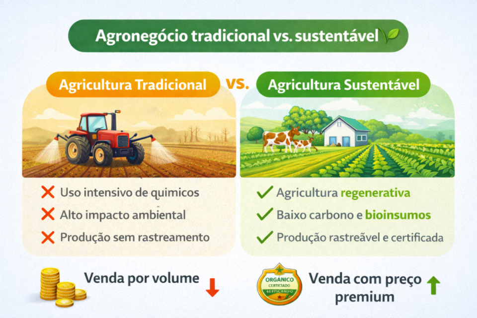 Infográfico comparando agronegócio tradicional e agronegócio sustentável no Brasil em 2026, destacando agricultura regenerativa, bioinsumos, rastreabilidade e maior valor de mercado