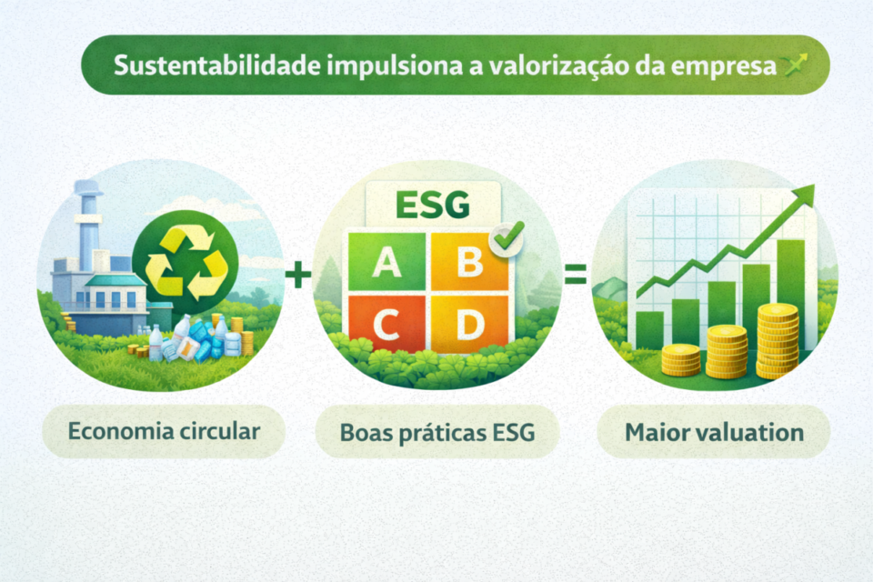 Infográfico mostrando como economia circular e boas práticas ESG aumentam o valuation de empresas sustentáveis no Brasil em 2026