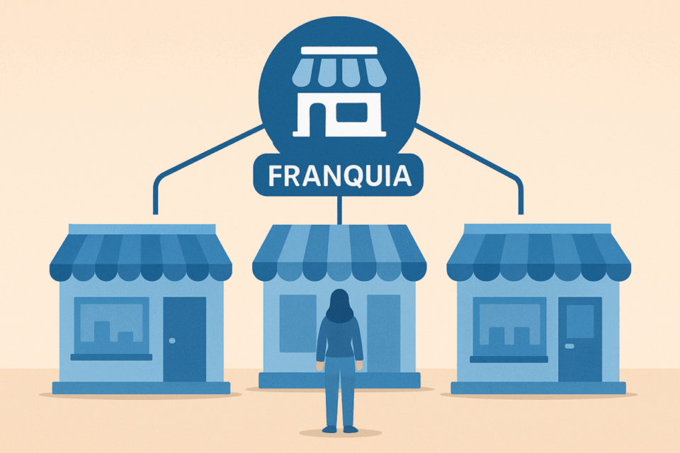 Ilustração de empreendedora escolhendo entre três lojas conectadas a uma marca de franquia, representando a decisão de investir em franquias em 2026