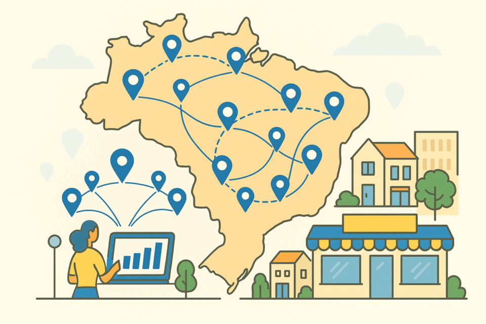Mapa do Brasil com pins conectados e ilustração de cidade média, representando a interiorização das franquias em 2026