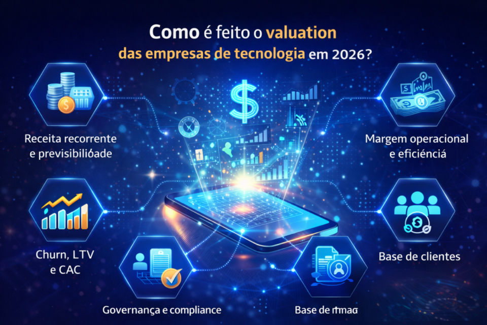 Infográfico explicando como é feito o valuation das empresas de tecnologia no Brasil em 2026, considerando receita recorrente, margem operacional, churn, LTV, CAC, governança e base de clientes.