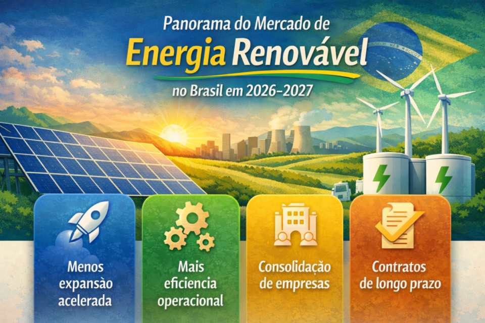 Infográfico sobre o panorama do mercado de energia renovável no Brasil em 2026–2027, destacando consolidação do setor, eficiência operacional, contratos de longo prazo e redução da expansão acelerada.
