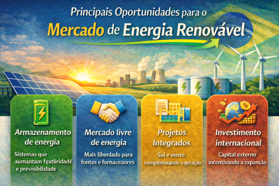 Infográfico sobre as principais oportunidades do mercado de energia renovável no Brasil em 2026–2027, com destaque para armazenamento de energia, mercado livre, projetos integrados solar e eólico e investimento internacional.