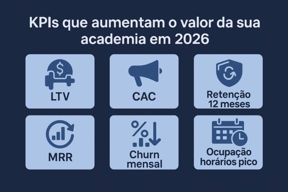 Infográfico mostrando os principais KPIs que aumentam o valor de uma academia em 2026: LTV, CAC, retenção de 12 meses, MRR, churn mensal e ocupação dos horários de pico.