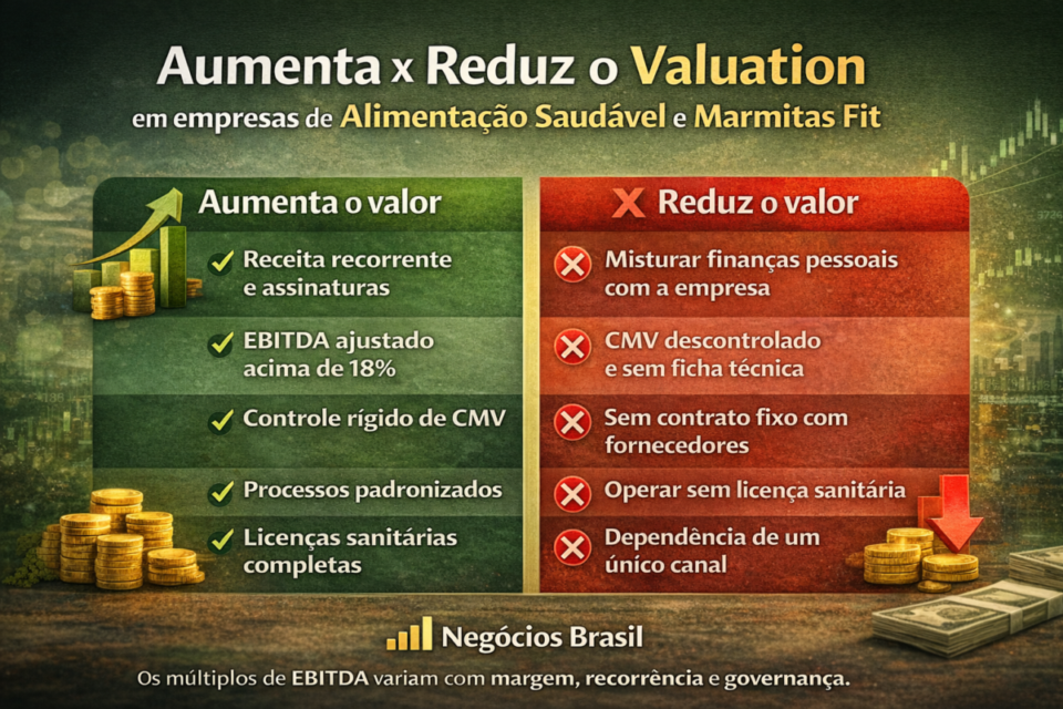 Fatores que aumentam e reduzem o valuation de empresas de alimentação saudável e marmitas fit no Brasil em 2026