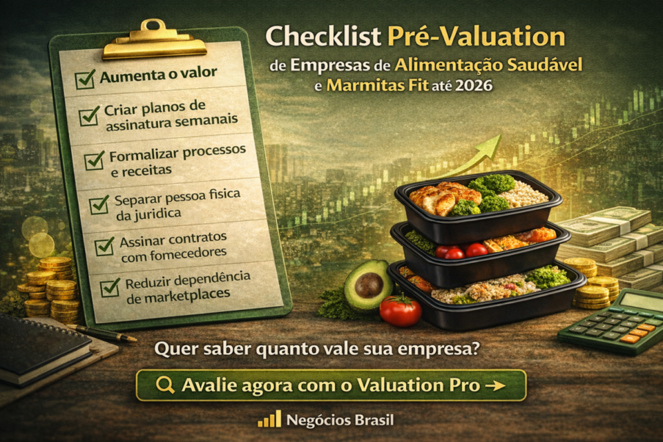 Checklist pré-valuation para empresas de alimentação saudável e marmitas fit no Brasil em 2026, com ações práticas para aumentar o valor do negócio