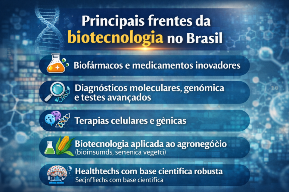 Principais frentes da biotecnologia no Brasil em 2026, incluindo biofármacos, diagnósticos moleculares, terapias gênicas, biotecnologia no agronegócio e healthtechs