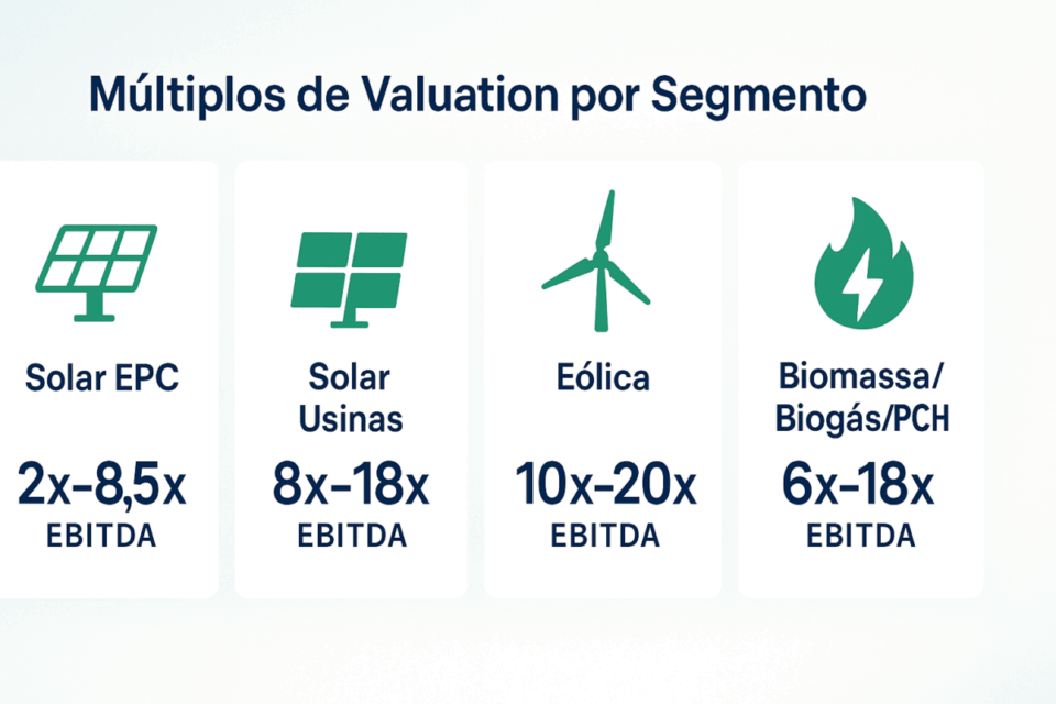 Infográfico mostrando os múltiplos de valuation por segmento de energia renovável em 2026: Solar EPC, Solar Usinas, Eólica e Biomassa/Biogás/PCH.