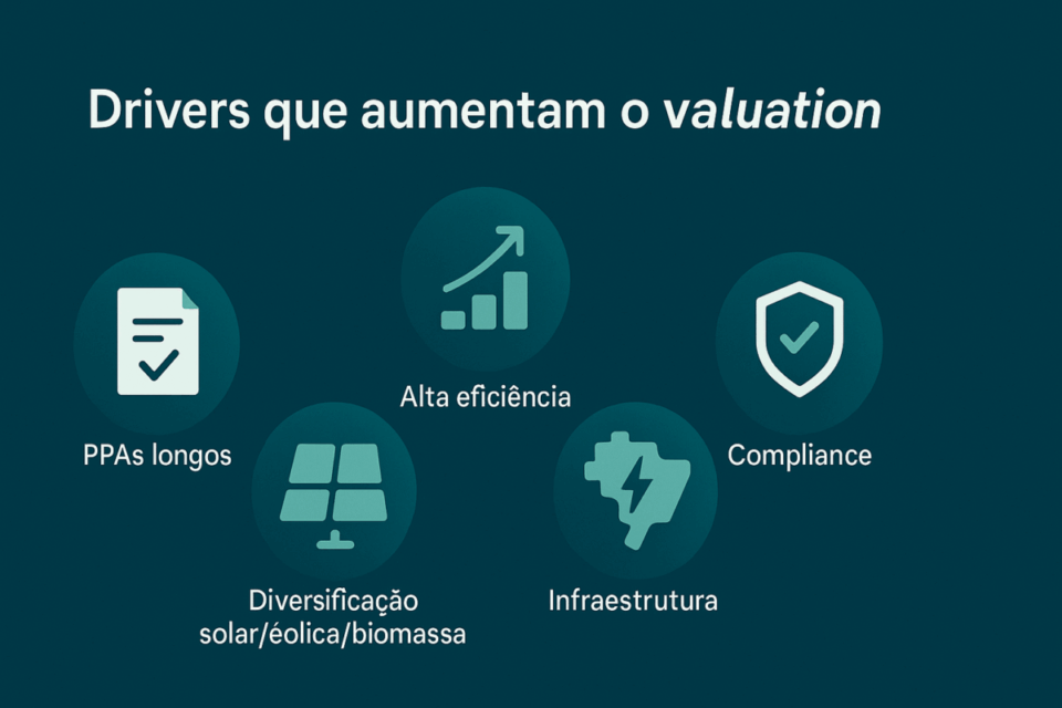 Infográfico mostrando os principais fatores que aumentam o valuation de empresas de energia renovável: PPAs longos, alta eficiência, compliance, diversificação solar/eólica/biomassa e infraestrutura.