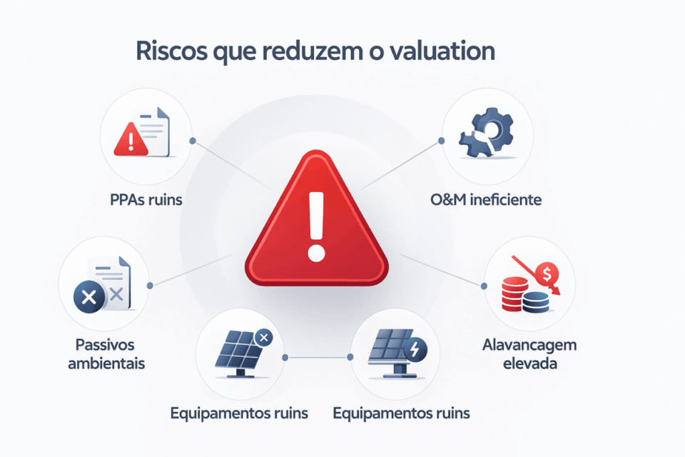 Infográfico mostrando os riscos que reduzem o valuation de empresas de energia renovável: PPAs ruins, O&M ineficiente, passivos ambientais, equipamentos ruins e alavancagem elevada.