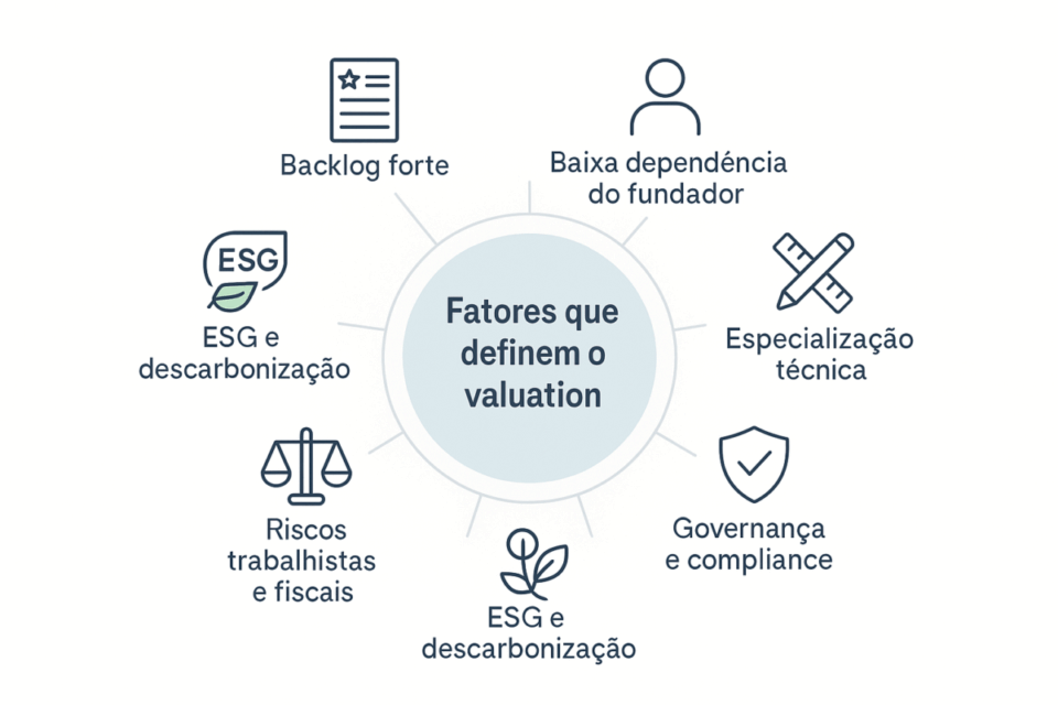 Infográfico em círculo com o texto “Fatores que definem o valuation” no centro e ícones ao redor indicando backlog forte, margem EBITDA, baixa dependência do fundador, especialização técnica, governança e compliance, riscos trabalhistas e fiscais, ESG e descarbonização.