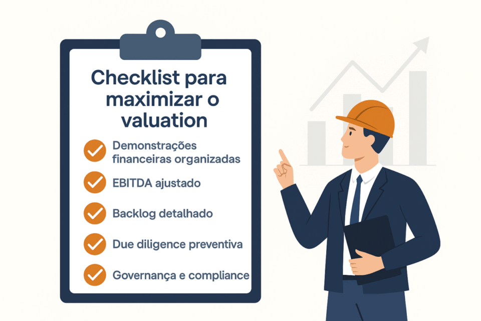 Ilustração com checklist para maximizar o valuation de empresas de engenharia, ao lado de um engenheiro de capacete apontando para um gráfico de crescimento.
quanto vale uma empresa de engenharia