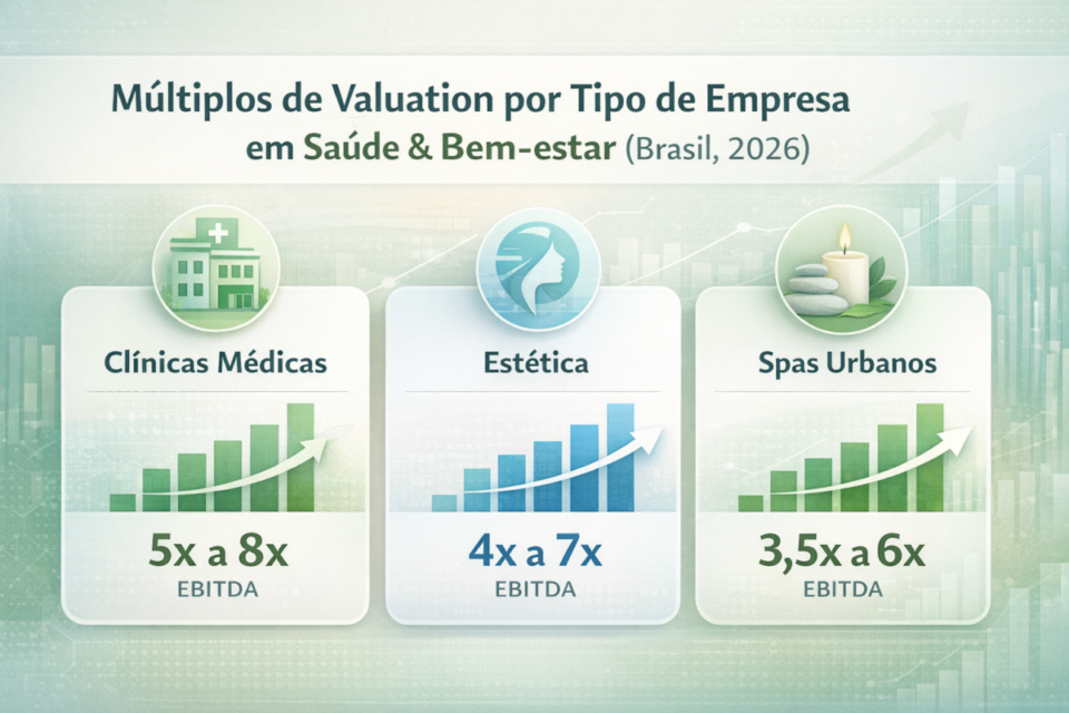Múltiplos de valuation por tipo de empresa de saúde e bem-estar no Brasil em 2026, comparando clínicas médicas, clínicas de estética e spas urbanos com base no EBITDA.