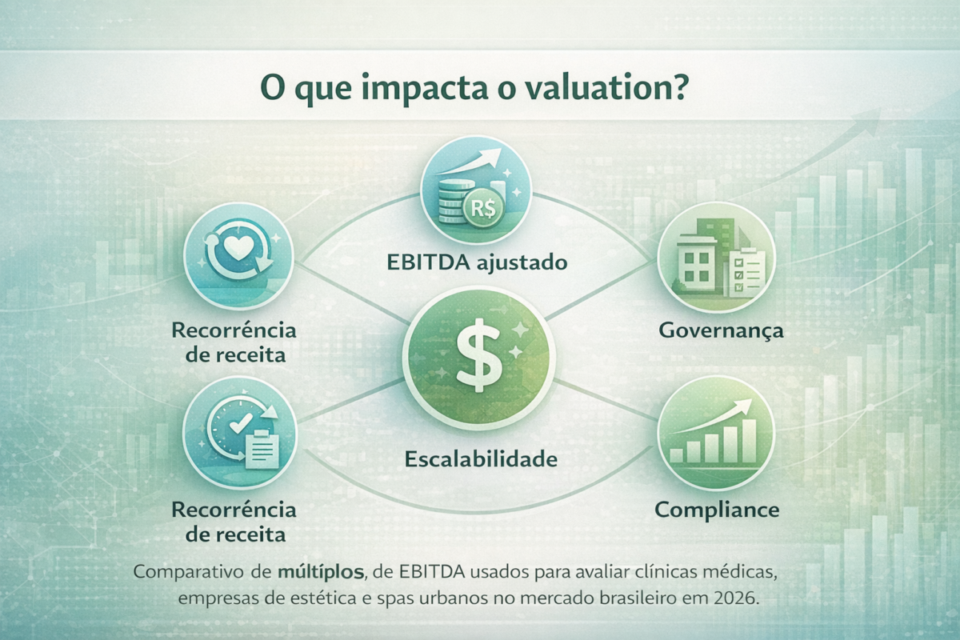 Principais fatores que impactam o valuation de empresas de saúde e bem-estar no Brasil em 2026, incluindo EBITDA ajustado, recorrência de receita, governança, compliance e escalabilidade.