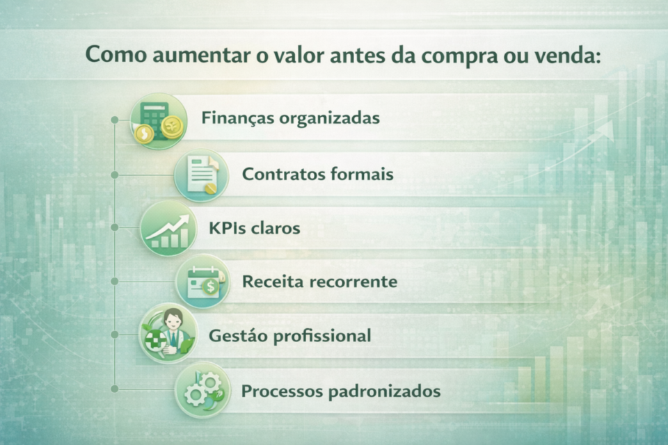 Checklist visual mostrando como aumentar o valor de uma empresa de saúde e bem-estar antes da compra ou venda em 2026, com foco em finanças organizadas, contratos formais, KPIs, receita recorrente, gestão profissional e processos padronizados.