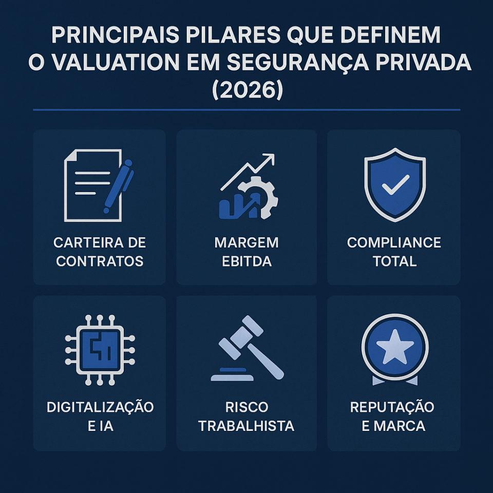 Infográfico mostrando os principais pilares que definem o valuation de empresas de segurança privada em 2026: carteira de contratos, margem EBITDA, compliance, digitalização com IA, risco trabalhista e reputação.