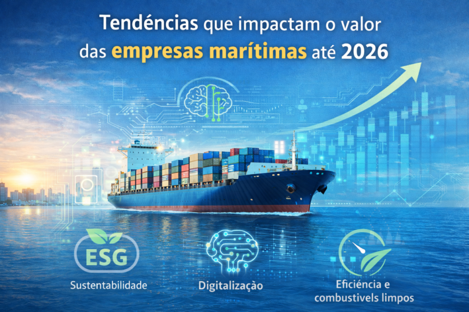 Navio de contêineres com elementos de tecnologia e sustentabilidade ilustrando tendências que impactam o valor das empresas marítimas até 2026