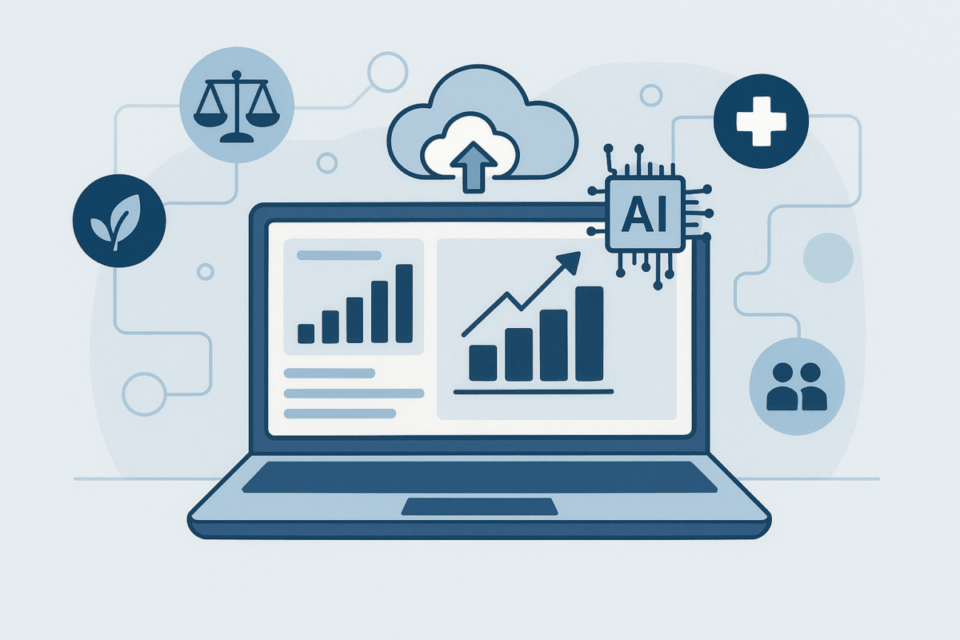 Ilustração de dashboard em laptop com gráficos de crescimento e ícones de nuvem e inteligência artificial, representando o setor de tecnologia e software SaaS como um dos mais quentes para investir em 2026.