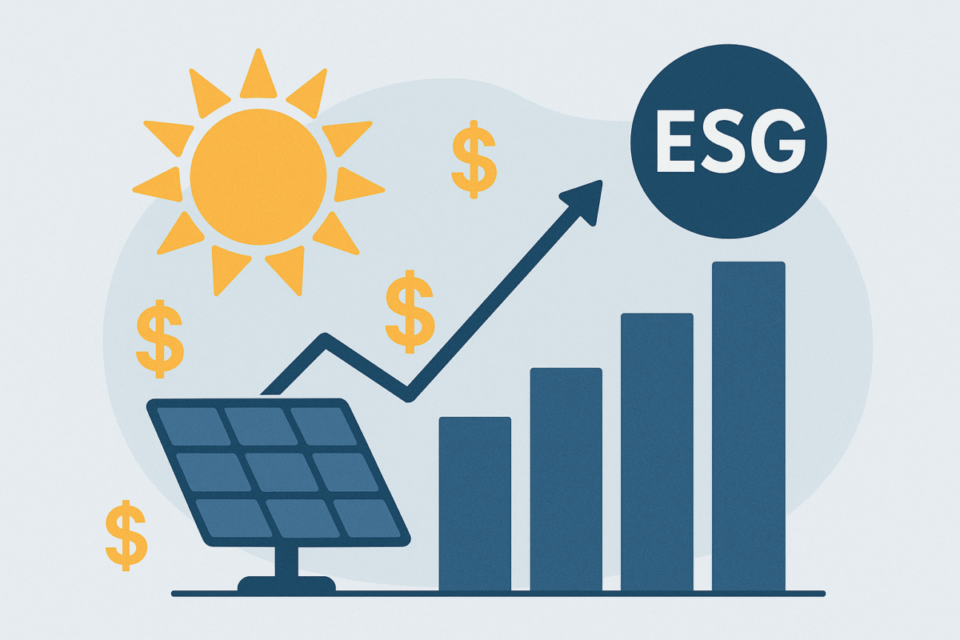 Ilustração com painel solar, sol, gráfico de barras em crescimento e selo ESG, representando energia solar e soluções ESG como setores com retorno rápido e forte consolidação em 2026.