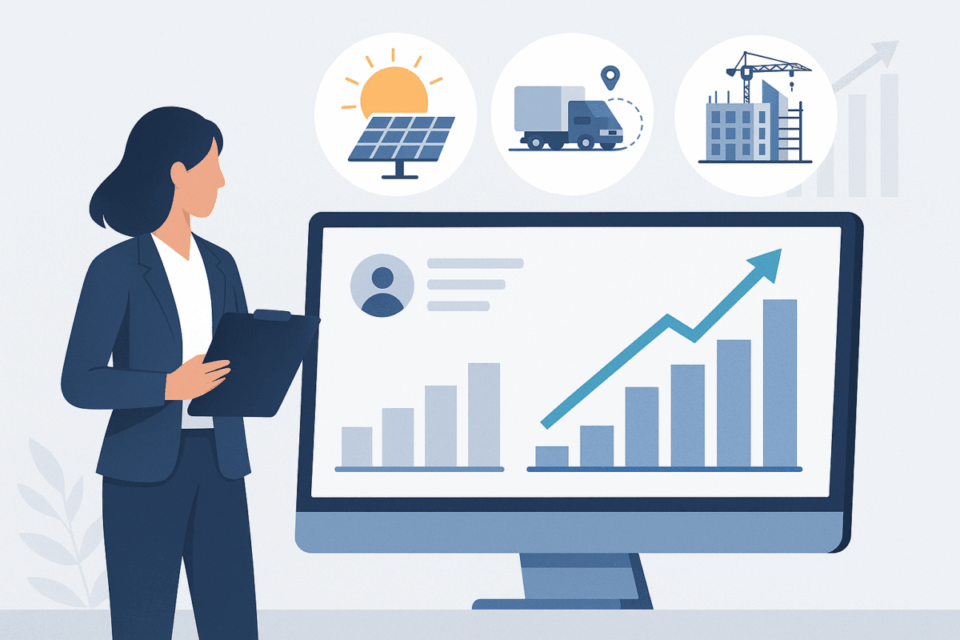 Ilustração de uma profissional analisando uma tela com resultados e gráfico de crescimento, simbolizando a escolha estratégica dos setores mais quentes para comprar empresas em 2026.