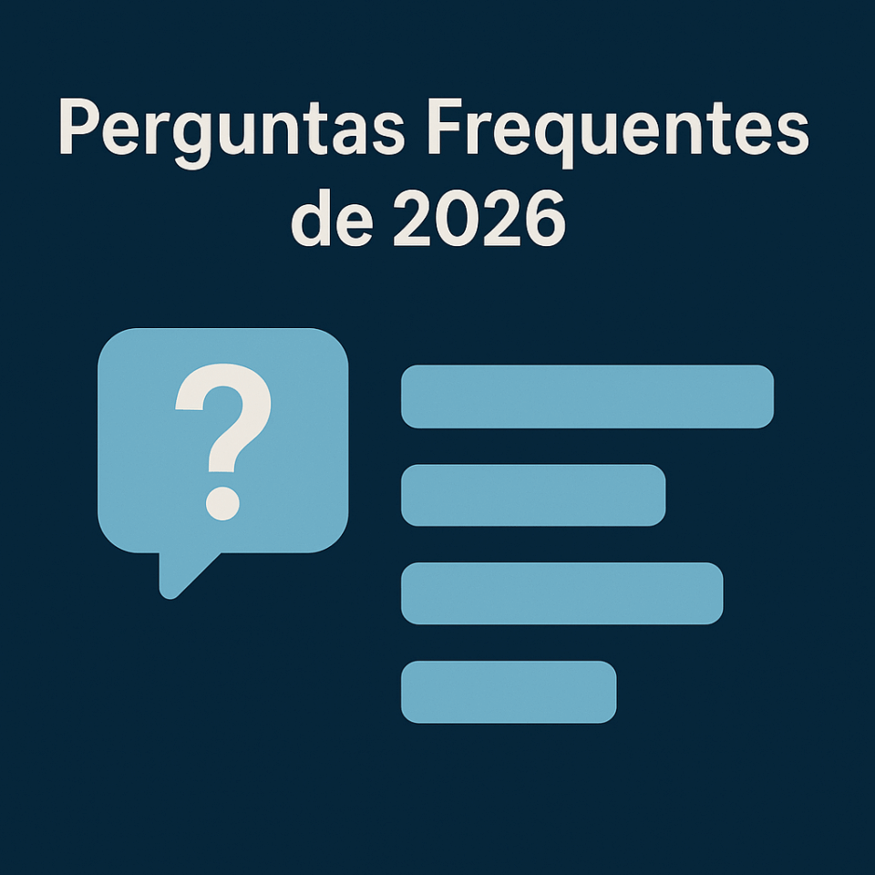 Ilustração minimalista em fundo azul escuro com ícone de balão de diálogo e ponto de interrogação, representando perguntas frequentes sobre valuation em 2026.
