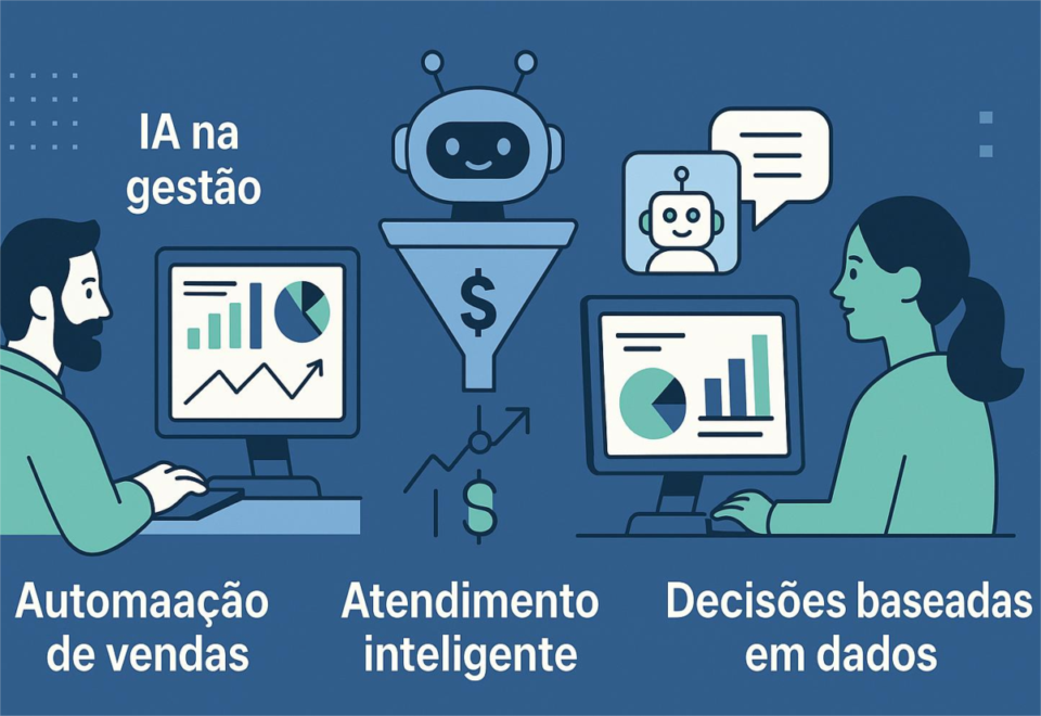 Ilustração com aplicações de IA em pequenas empresas em 2026: IA na gestão, automação de vendas, atendimento inteligente e decisões baseadas em dados