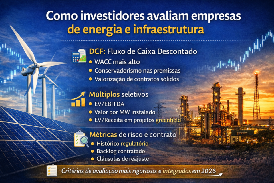 Infográfico mostrando como investidores avaliam empresas de energia e infraestrutura em 2026, com foco em DCF, múltiplos seletivos, métricas de risco, contratos e backlog.