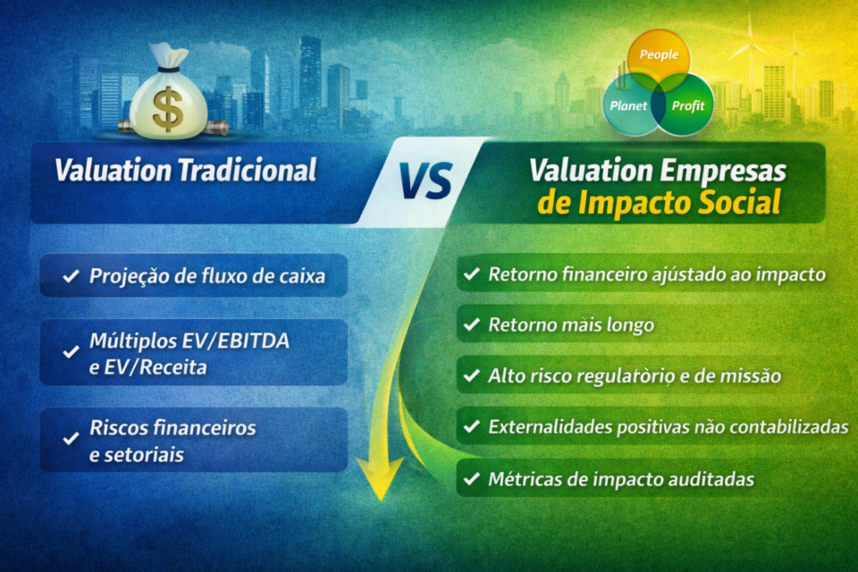 Infográfico comparando valuation tradicional e valuation de empresas de impacto social no Brasil em 2026, destacando diferenças em retorno, riscos, métricas ESG e impacto social