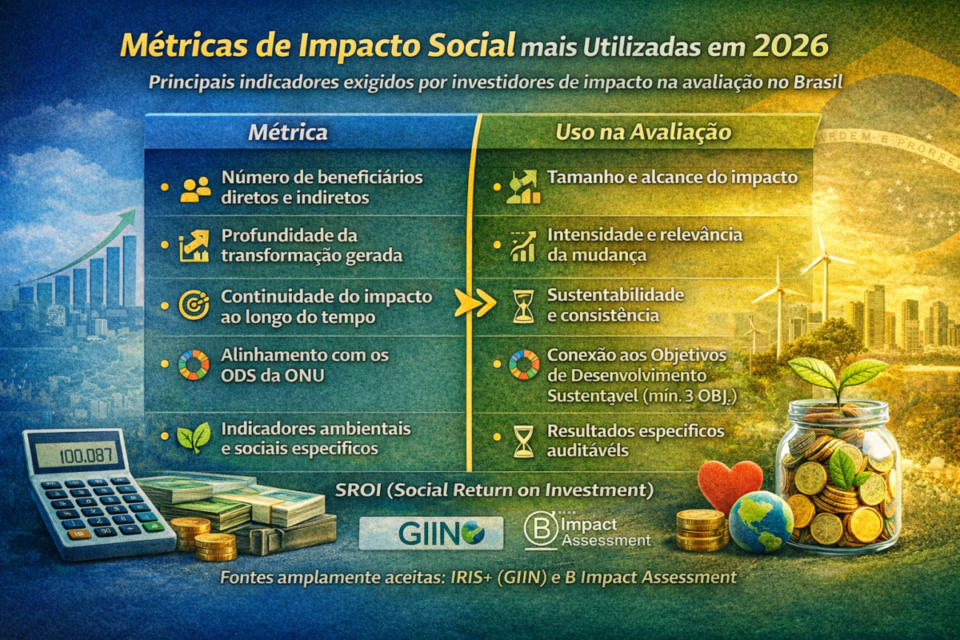 Infográfico com as principais métricas de impacto social utilizadas na avaliação de empresas de impacto no Brasil em 2026, incluindo beneficiários, profundidade do impacto, ODS da ONU, indicadores ESG e SROI