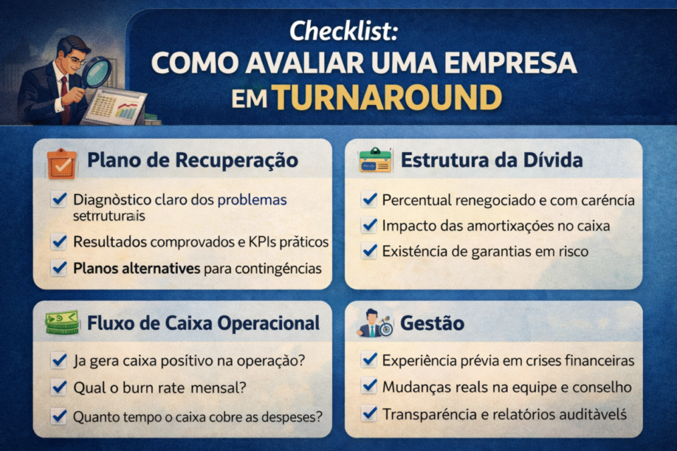 Checklist visual com os principais critérios para avaliar uma empresa em fase de turnaround em 2026, incluindo plano de recuperação, estrutura da dívida, fluxo de caixa operacional e gestão.