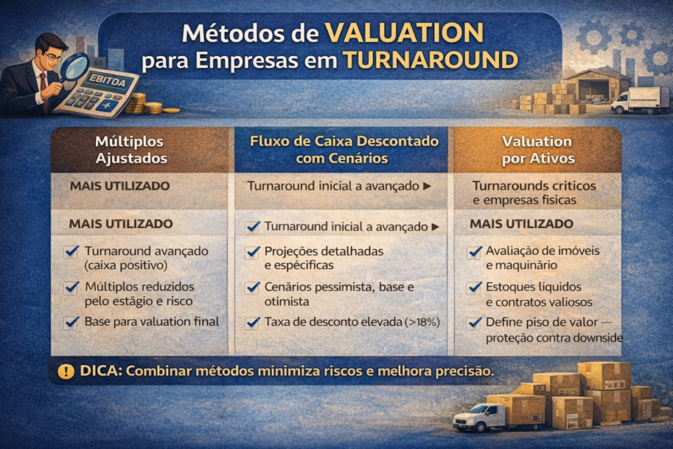 Infográfico comparativo dos métodos de valuation para empresas em turnaround em 2026, incluindo múltiplos ajustados, fluxo de caixa descontado com cenários e valuation por ativos.