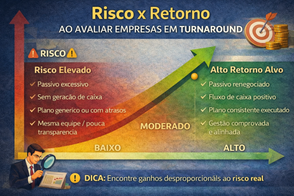 Infográfico sobre risco e retorno na avaliação de empresas em fase de turnaround em 2026, comparando cenários de alto risco com baixo retorno e situações de recuperação estruturada com maior potencial de valorização.