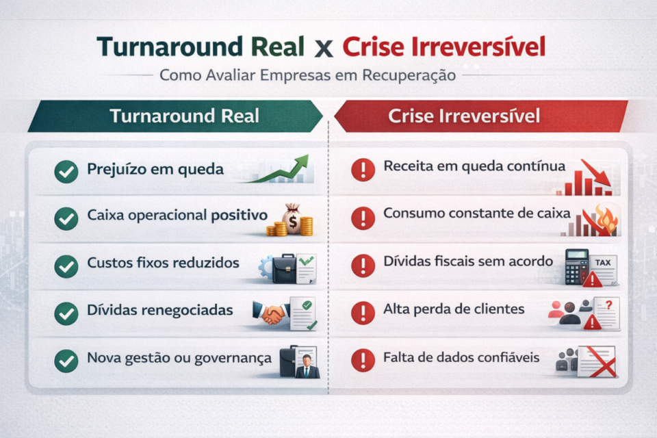 Infográfico comparando sinais de turnaround real e crise irreversível na compra de empresa em recuperação no Brasil em 2026