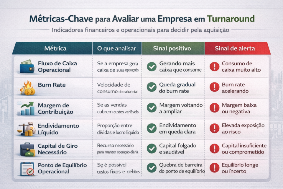 Tabela visual com métricas financeiras e operacionais para avaliar empresa em turnaround antes da compra em 2026
