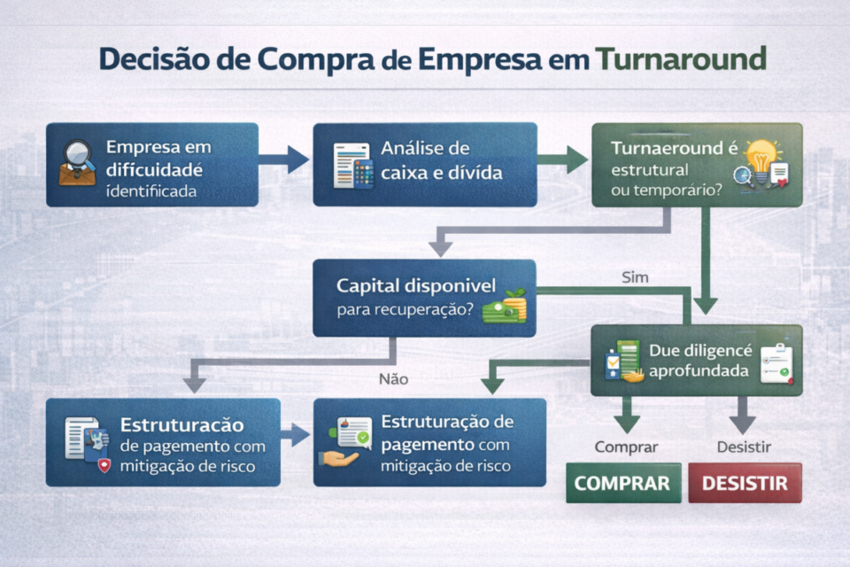 Fluxograma de decisão para comprar empresa em turnaround, mostrando análise de caixa, dívida, capital disponível e due diligence