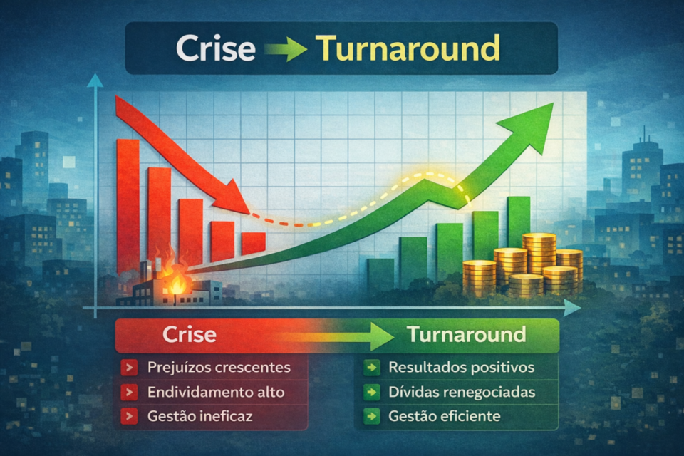 Infográfico mostrando a transição de uma empresa da crise para o turnaround, com redução de prejuízos, renegociação de dívidas e recuperação financeira