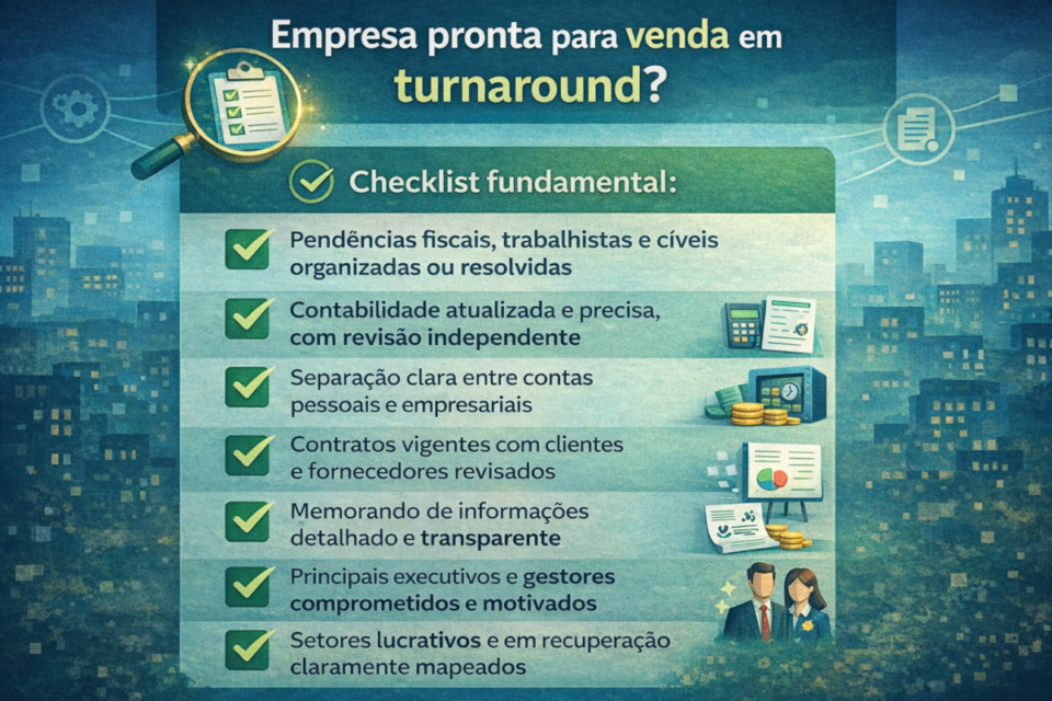 Checklist visual com critérios para saber se uma empresa está pronta para venda em turnaround, incluindo organização financeira, contratos, gestão e recuperação operacional
