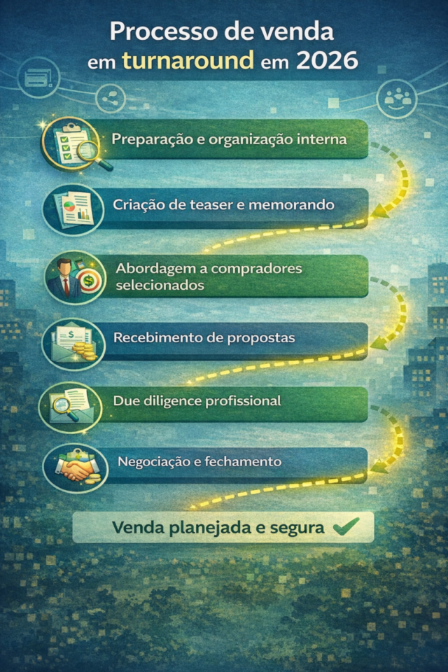 Fluxo visual mostrando as etapas do processo de venda de uma empresa em turnaround, desde a preparação interna até a negociação e fechamento do negócio