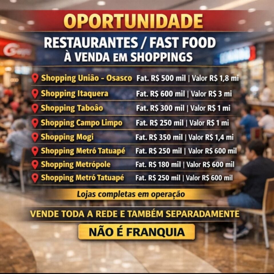 OPORTUNIDADE ÚNICA A VENDA SETE RESTAURANTES EM SHOPPINGS REGIÃO GRANDE SP