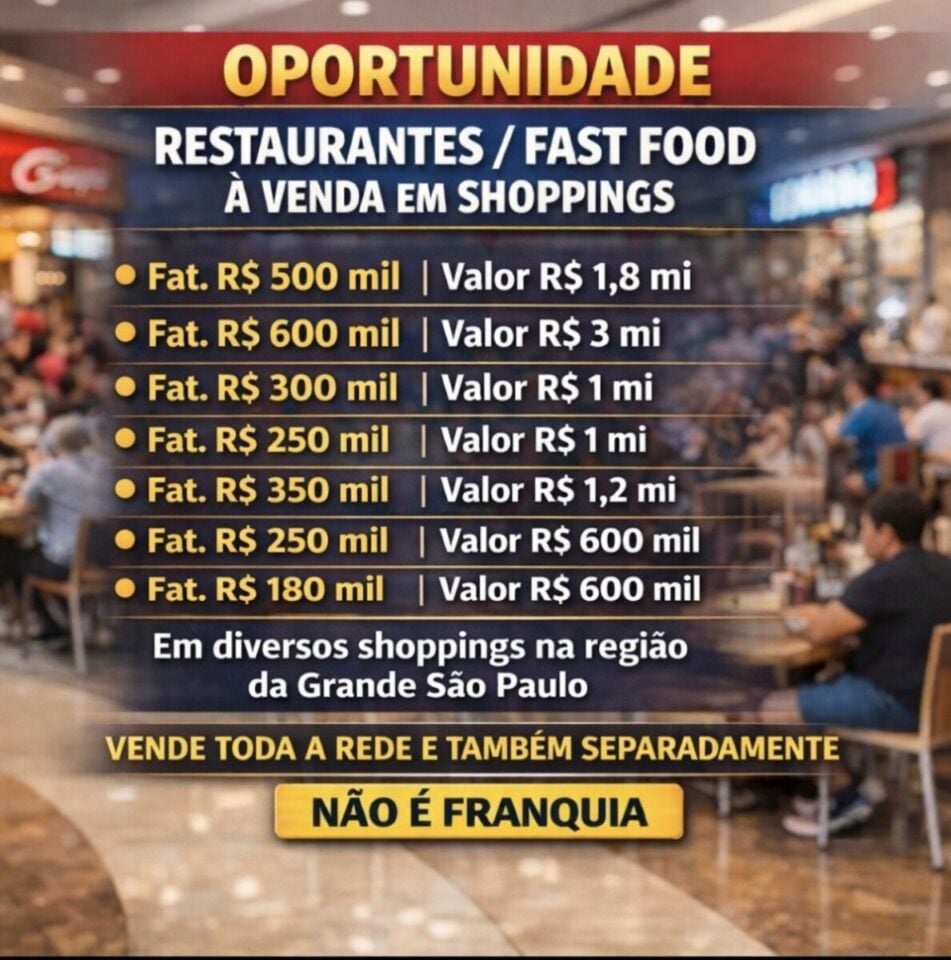 OPORTUNIDADE ÚNICA A VENDA SETE RESTAURANTES EM SHOPPINGS REGIÃO GRANDE SP