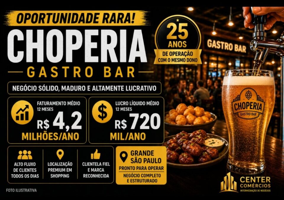 EXCELENTE NEGÓCIO A VENDA CHOPERIA GASTROBAR  NA REGIÃO DA GRANDE  SP