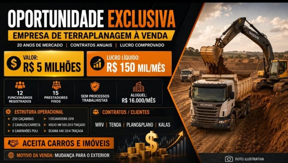 EXCEPCIONAL OPORTUNIDADE EMPRESA DE TERRAPLANAGEM A VENDA