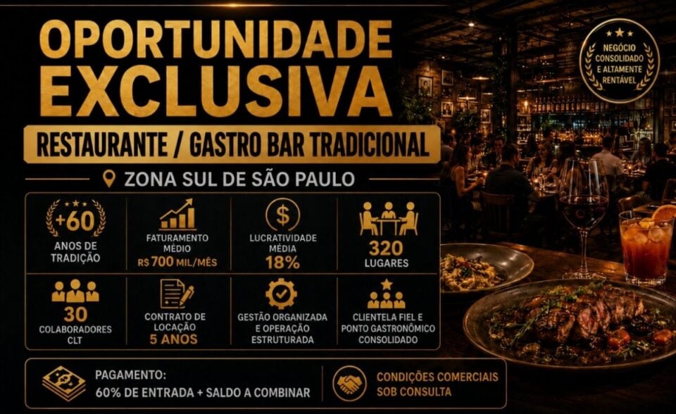 OPORTUNIDADE ÚNICA RESTAURANTE GASTRO BAR TRADICIONAL À VENDA