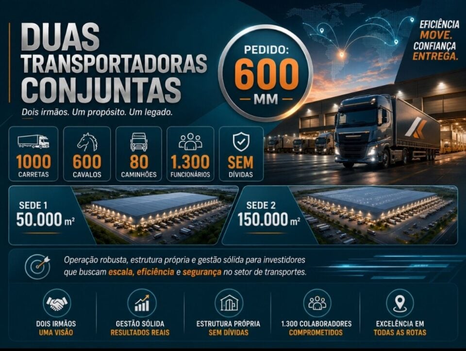 TRANSPORTADORA À VENDA OPERAÇÃO ROBUSTA ESTRUTURA PRÓPRIA E SEM DÍVIDAS