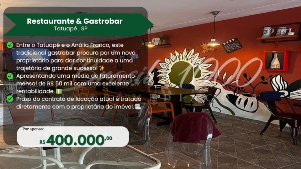 Restaurante gastrobar, localizado no Tatuapé – São Paulo – Sp